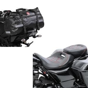 Set: Selle compatible avec Harley Davidson Touring 09-24 Siège Craftride RH3 noir-rouge + Sacoche de selle Moto arrière Bagtecs XB50 Dry Bag Etanche Volume 50l