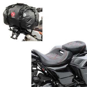 Set: Sitzbank passend für Harley Davidson Touring 09-24 Komfortsitzbank Craftride RH3 schwarz-rot + Motorrad Hecktasche Drybag Bagtecs XF60 Wasserdicht Volumen 60l