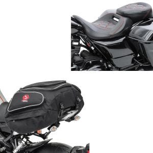 Set: Sitzbank passend für Harley Davidson Touring 09-23 Komfortsitzbank Craftride RH3 schwarz-rot + Motorrad Hecktasche Bagtecs X50 Gepäcktasche hinten 50Ltr in schwarz