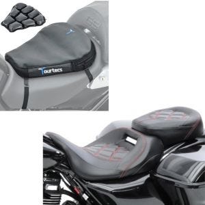 Set: Sitzbank passend für Harley Davidson Touring 09-24 Komfortsitzbank Craftride RH3 schwarz-rot + Motorrad Luftkissen Tourtecs Air Deluxe M Komfort Sitzkissen in schwarz