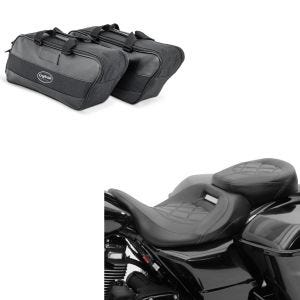 Set: Motorrad Sitzbank Craftride RH3 passend für Harley Davidson Touring 09-24 Komfortsitzbank in schwarz + Seitenkoffer Innentasche passend für Harley Davidson Touring 94-24 Craftride