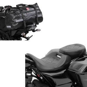 Set: Motorrad Sitzbank Craftride RH3 passend für Harley Davidson Touring 09-24 Komfortsitzbank in schwarz + Motorrad Hecktasche Drybag Bagtecs XB50 Wasserdicht Volumen 50l