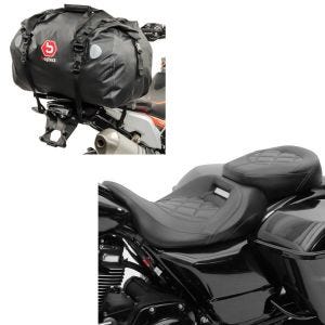 Set: Motorrad Sitzbank Craftride RH3 passend für Harley Davidson Touring 09-24 Komfortsitzbank in schwarz + Motorrad Hecktasche Drybag Bagtecs XF60 Wasserdicht Volumen 60l
