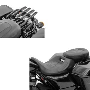 Set: Motorrad Sitzbank Craftride RH3 passend für Harley Davidson Touring 09-24 Komfortsitzbank in schwarz + Gepäckträger passend für Harley Davidson Touring 09-24 Craftride abnehmbar in schwarz