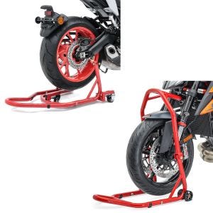 Set: Lenkkopfständer Classic 5 PIN Lenkkopf Montageständer rot + Rangierhilfe Montageständer Hinterrad Mover 2 Racing rot