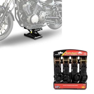 Set: Hebebühne M für Harley und Chopper bis 500 kg schwarz + Spanngurt Set Ratsche mit 4x Zurrschlaufe schwarz_1