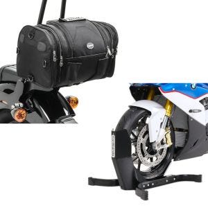 Set: Bloque Roue Easy Plus Bequille Avant pour roues max. 21" noir + Moto Sacoche Arrière RB1 Rouleau 24-30Ltr pour motos custom noir