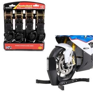 Set: Bloque Roue Easy Plus Bequille Avant pour roues max. 21" noir + Moto Sangle Set avec cliquet et crotchet incl 4x boucles de chargement