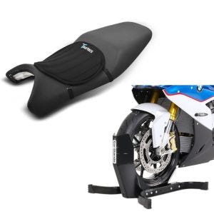 Set: Motorradwippe Easy Plus Vorderradwippe Motorradständer bis 21" schwarz + Gel Sitzkissen Neopren M Gelkissen Sitzauflage in schwarz
