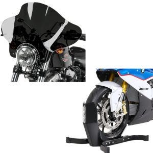 Set: Wippe Easy Plus Vorderradwippe ständer bis 21" schwarz + Windschild Batwing für Custombikes inkl. Haltesatz dunkel getönt_1