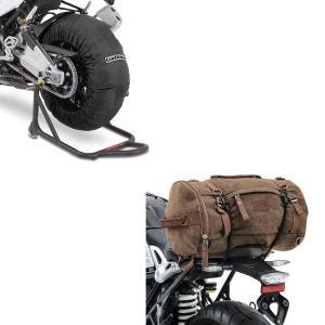 Set: Moto Couvertures Chauffantes 60-80-95 °C avant et arrière 17 " + Sacoche de selle Moto arrière Vintage 25L Canvas Sac à dos Rouleau 