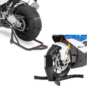 Set: Moto Couvertures Chauffantes 60-80-95 °C avant et arrière 17 " + Bloque Roue Easy Plus Bequille Avant pour roues max. 21" noir
