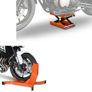 Set: Pont elevateur ciseaux M noir compatible avec moto custom et Moto Custom + Bloque Roue Easy-Plus Bequille Avant à 21 Pouces orange CB38892