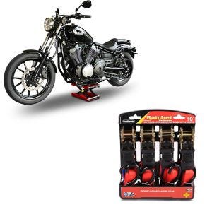 Set: Hebebühne Lift M für Harley und Chopper -500 kg rot + Spanngurt Set mit Ratsche und Haken inkl 4x Zurrschlaufe in rot_1