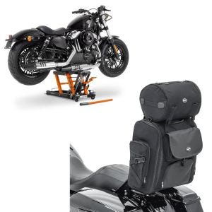 Set: Hebebühne Mid L für Harley und Chopper bis 680kg og + Sissybar Tasche SXL Hecktasche mit Gepäckrolle in schwarz_1