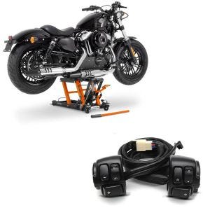 Set: Moto Pont elevateur ciseaux ConStands Mid-lift L Pont hydraulique pour Chopper 680kg orange + Commandes de Guidon compatible avec Harley Davidson Dyna Sportster Softail V-Rod 96-13 noir Craftride