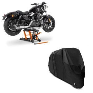 Set: Pont elevateur ciseaux L Pont hydraulique compatible avec moto custom et motos custom + Housse de Moto XXXL Bache Moto imperméable en noir CB38810