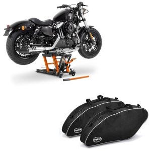 Set: Moto Pont elevateur ciseaux ConStands Mid-lift L Pont hydraulique pour Chopper 680kg orange + Sacs intérieurs compatible avec Harley Davidson Sport Glide 18-24 sacoches rigides Craftride