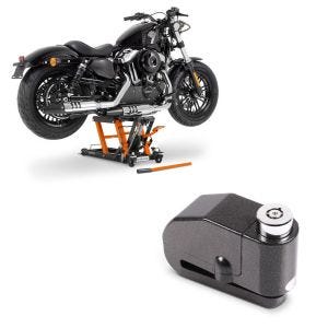 Set: Pont elevateur ciseaux L Pont hydraulique compatible avec moto custom et motos custom + Antivol bloque disque Alarme 110dB BS-Motoparts Moto antivol noir CB38815