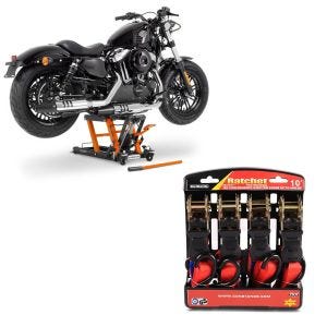 Set: Pont elevateur ciseaux L Pont hydraulique compatible avec moto custom et motos custom + Moto Sangle Set avec cliquet et crotchet incl 4x boucles CB38856