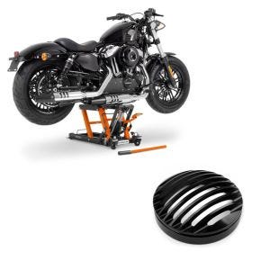 Set: Moto Pont elevateur ciseaux ConStands Mid-lift L Pont hydraulique pour Chopper 680kg orange + Moto Grille de Phare Craftride compatible avec Harley Davidson Sportster 04-20 en noir