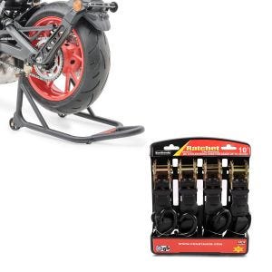 Set: Basis Hinterrad Montageständer schwarz matt + Spanngurt Set Ratsche mit 4x Zurrschlaufe schwarz_1