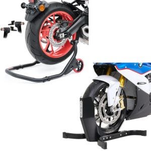 Set: Béquille d'Atelier Arrière Falcone + Bloque Roue Easy Plus Bequille Avant pour roues max. 21" noir