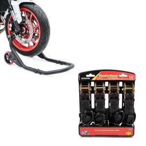 Set: Vorderrad Montageständer Falcone-2 von ständer mit L-Aufnahme + Spanngurt Set Ratsche mit 4x Zurrschlaufe schwarz_1