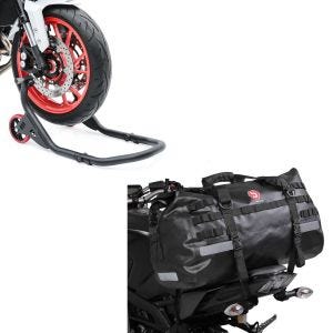 Set: Béquille d'Atelier Moto Avant Falcone Lève moto pour étriers doubles + Sacoche de selle Moto arrière XB50 Dry Bag Etanche Volume 50l