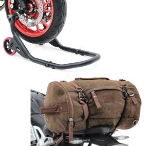 Set: Vorderrad Montageständer Falcone-2 von ständer mit L-Aufnahme + Hecktasche Vintage 35L Canvas Rucksack Gepäckrolle braun_1