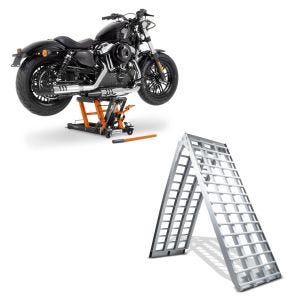 Set: Alu Auffahrrampe V bis 680 kg klappbar für Motorrad Scooter Quad + Hebebühne Mid-lift L Motorradheber passend für Chopper / Custombike bis 680kg CB38532