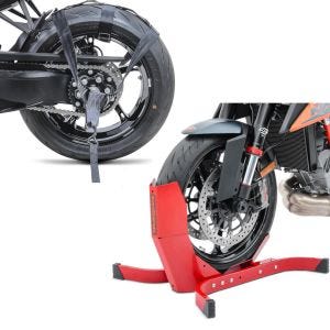 Set: Bloque Roue Easy-Plus Bequille Avant à 21 Pouces rouge + Sangle roue arrière moto d'arrimage pour transport noir