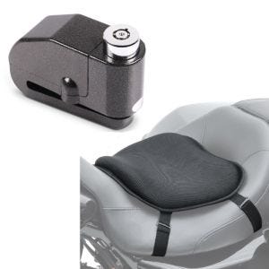 Set: Gel Sitzkissen L Komfortkissen universal in schwarz + Bremsscheibenschloss Alarm 110dB BS-Motoparts Diebstahlschutz schwarz