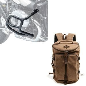 Set: Pare carter compatible avec BMW R NineT 14-23 garde moteur + Sacoche de selle moto arrière VG5 sac rouleau vintage 30Ltr en marron