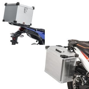 Set: Moto Alu Topcase Namib 38Ltr Aluminium Valise Top Box + Valise laterale aluminium Moto Gobi 34 L
