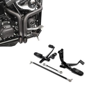 Set: Vorverlegte Fußrastenanlage für Harley Sportster 04-13 + Auspuff Drag Pipe für Harley Davidson schwarz_1