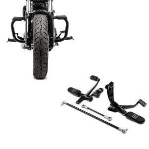 Set: Moto commandes avancées compatible avec Harley Davidson Sportster 04-13 Craftride en noir + Pare Carter compatible avec Harley Davidson Sportster 04-20 Craftride Mustache en noir