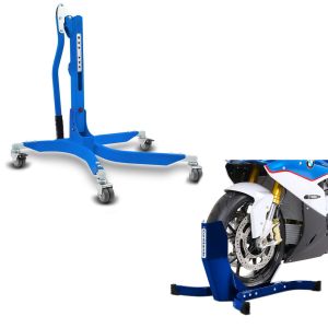 Set: Zentralständer ohne Adapterplatte in blau Motorradheber Power-Classic + Motorradwippe Easy-Plus Motorradständer bis 21 Zoll blau