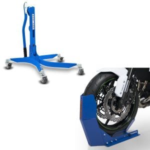 Set: Zentralständer ohne Adapterplatte in blau Motorradheber Power-Classic + Transportständer Easy-Fix Motorradwippe bis 21 Zoll blau