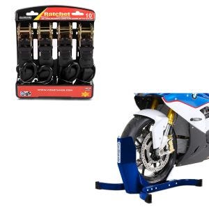 Set: Bloque Roue Easy-Plus Bequille Avant à 21 Pouces bleu + Moto Sangle Set avec cliquet et crotchet incl 4x boucles de chargement