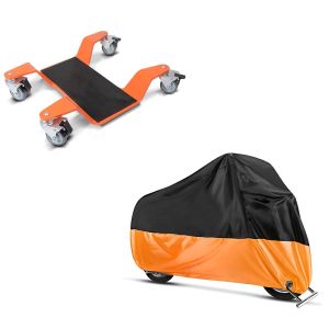 Set: Chariot Range pour béquille centrale Mover II, max. 400 kg, orange + Housse Moto XXXXL Bache Moto imperméable en noir-orange
