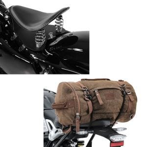 Set: Bobber Solositz mit Grundplatte in schwarz + Hecktasche Vintage 25L Canvas Rucksack Gepäckrolle braun 