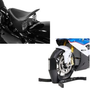 Set : Moto Selle Solo à Ressort Bobber avec plaque de base en noir + Bloque Roue Easy Plus Bequille Avant pour roues max. 21" noir