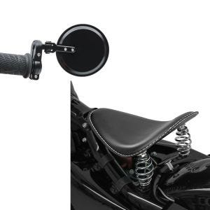 Set: Bobber Schwingsattel BR1 mit Federn passend für Custombikes in schwarz + Lenkerendenspiegel Short Lenkerspiegel in schwarz