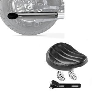 Set: Moto Selle Siège Spring Seat avec ressorts pour custombikes en noir + Pot d'échappement Universal Caferacer Turn Out noir