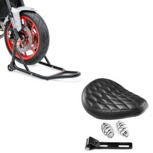 Set: Bobber Schwingsattel DC mit Federn für Chopper + Montageständer Vorderrad Motorradständer vorne_1