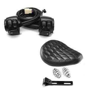 Set: Moto Selle Siège Craftride Diamond Contoured avec ressorts pour custombikes en noir + Commandes de Guidon compatible avec Harley Davidson Dyna Sportster Softail V-Rod 96-13 noir Craftride