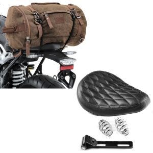 Set: Bobber Schwingsattel Diamond Contoured mit Federn passend für Custombikes in + Hecktasche Vintage 25L Canvas Rucksack Gepäckrolle braun