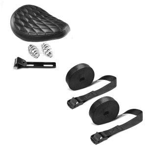 Set: Moto Selle Siège Diamond Contoured avec ressorts pour custombikes + Moto Sangle Set sangle arrimage 150cm 2 pièces en noir