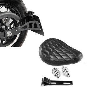 Set: Moto Selle Siège Diamond Contoured avec ressorts pour custombikes + Support de plaque latérale compatible avec Yamaha XVS 650-1100 Drag Star 96-07
